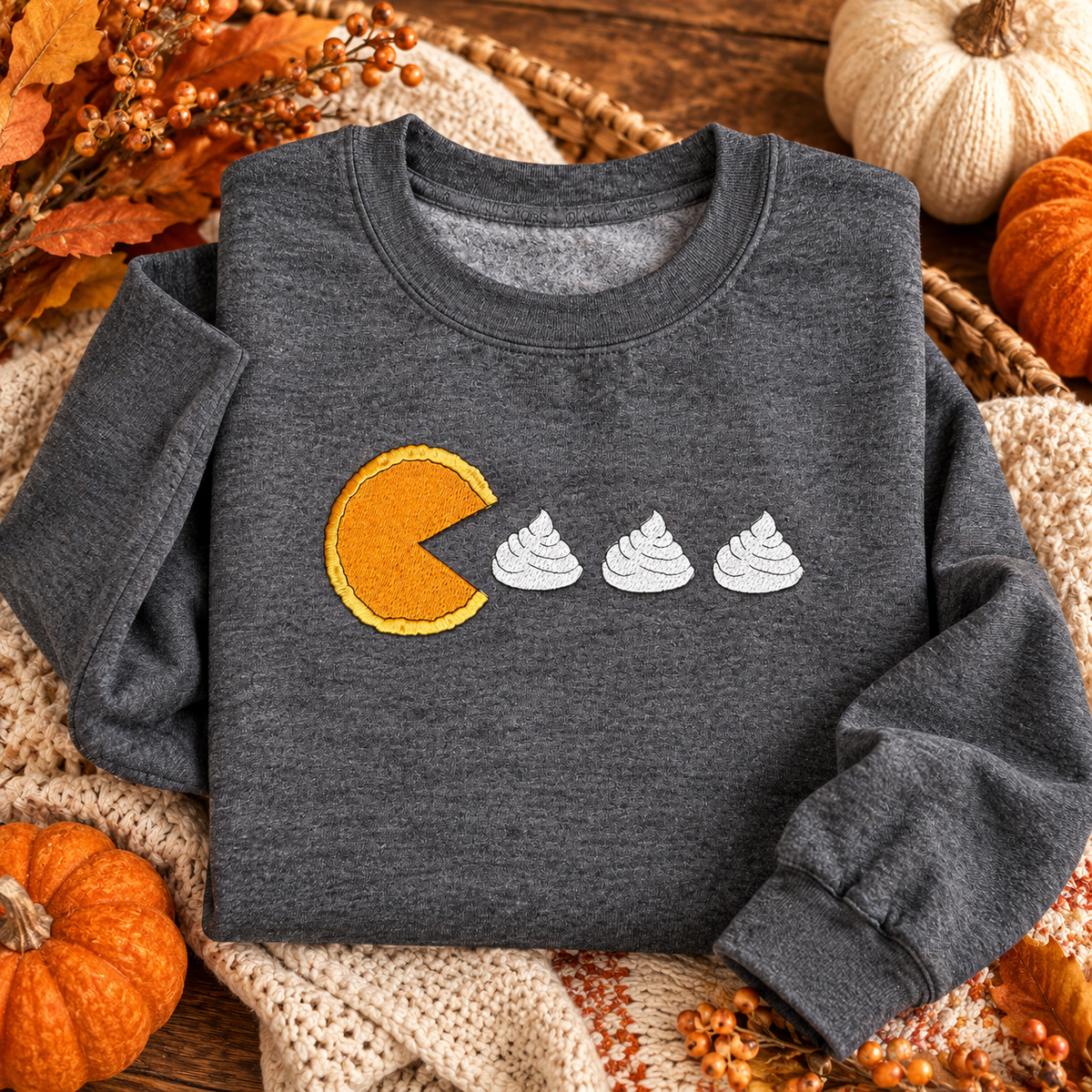 Arcade Pumpkin Pie Embroidered Thanksgiving Sweatshirt