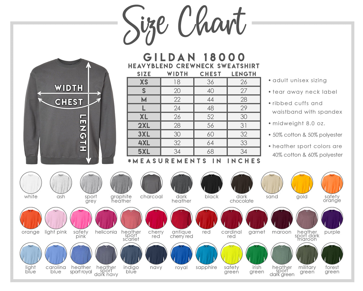 Gildan 18000 sweatshirt size chart with color swatches on a white background